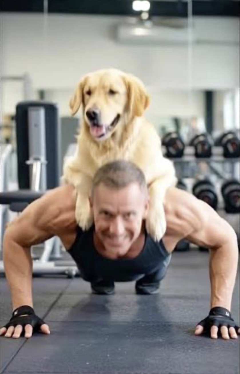 Brett doing a push-up with a dog on his back